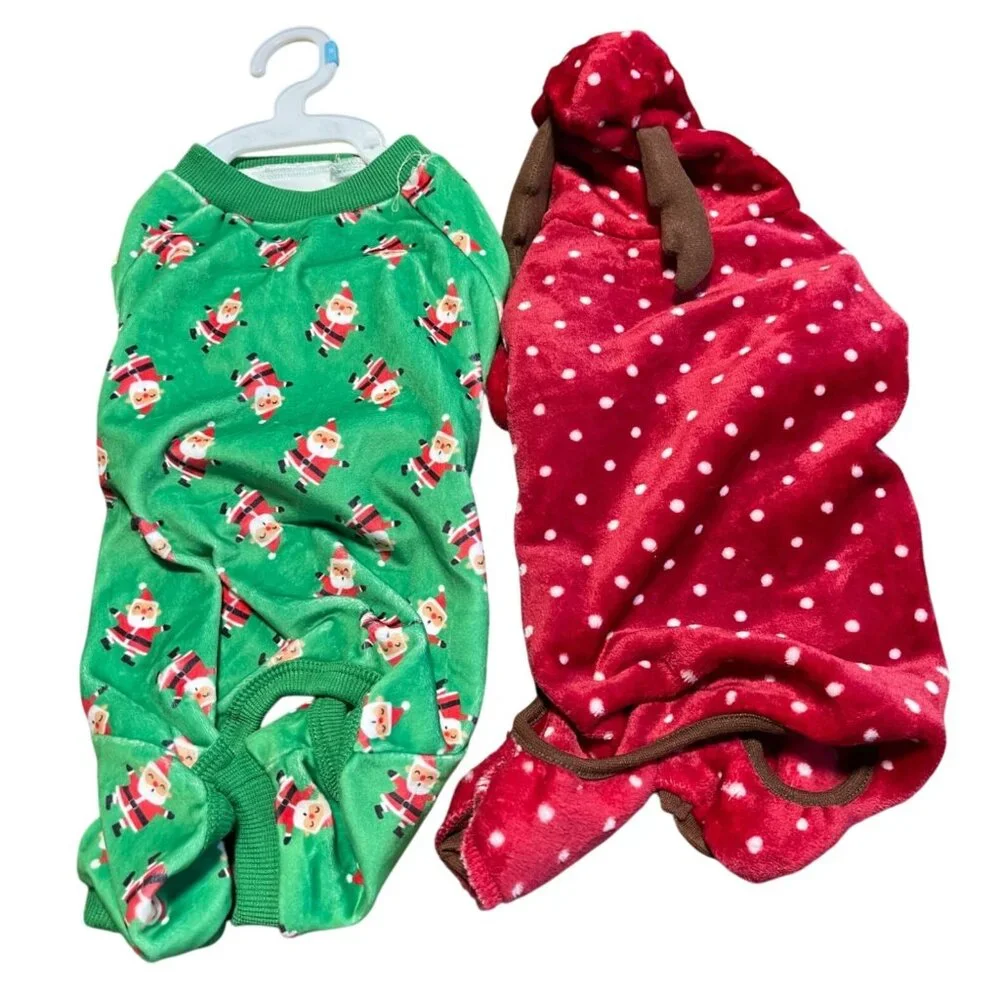 Santa & Reindeer Polka Dot Dog Pajamas 2-Pack Small Adorable Holiday Pet Outfit